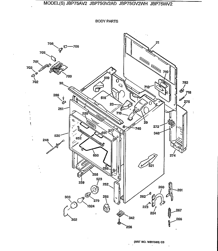 BODY PARTS Diagram and Parts List for JBP75GV2WH  General Electric Range