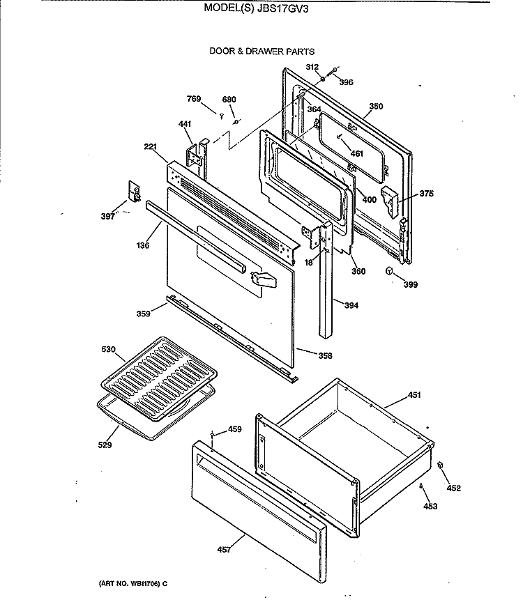 DOOR & DRAWER PARTS Diagram and Parts List for JBS17GV3  General Electric Range