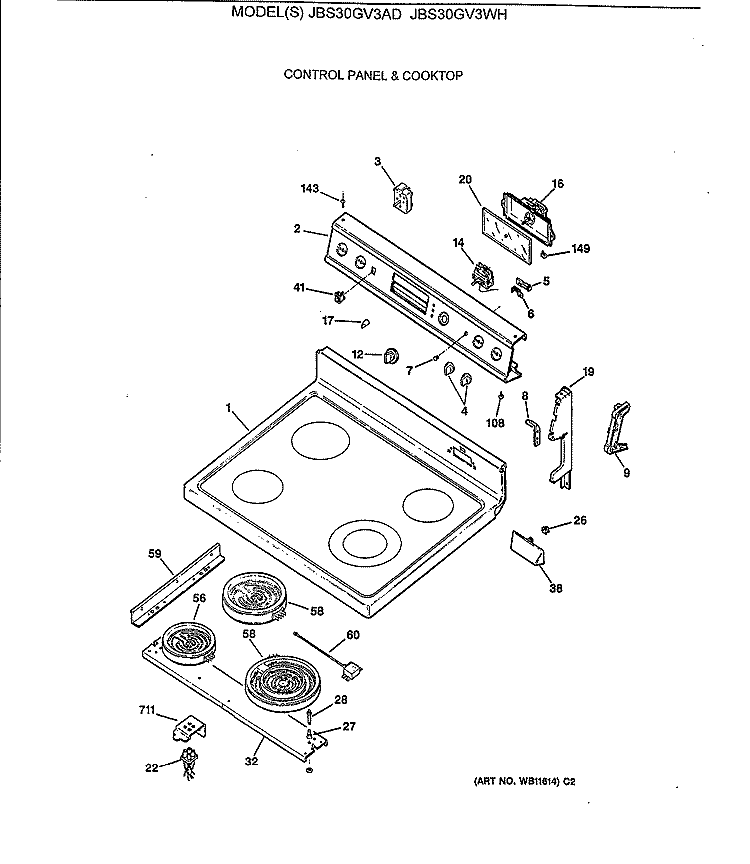 CONTROL PANEL & COOKTOP Diagram and Parts List for JBS30GV3WH  General Electric Range