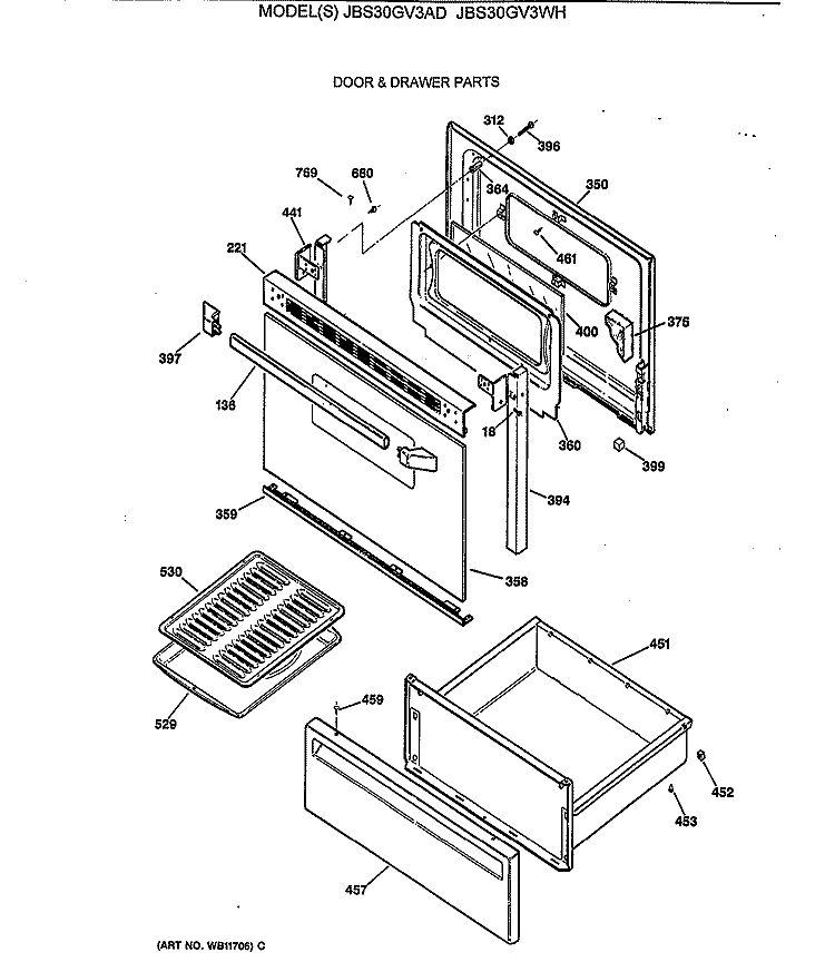DOOR & DRAWER PARTS Diagram and Parts List for JBS30GV3WH  General Electric Range