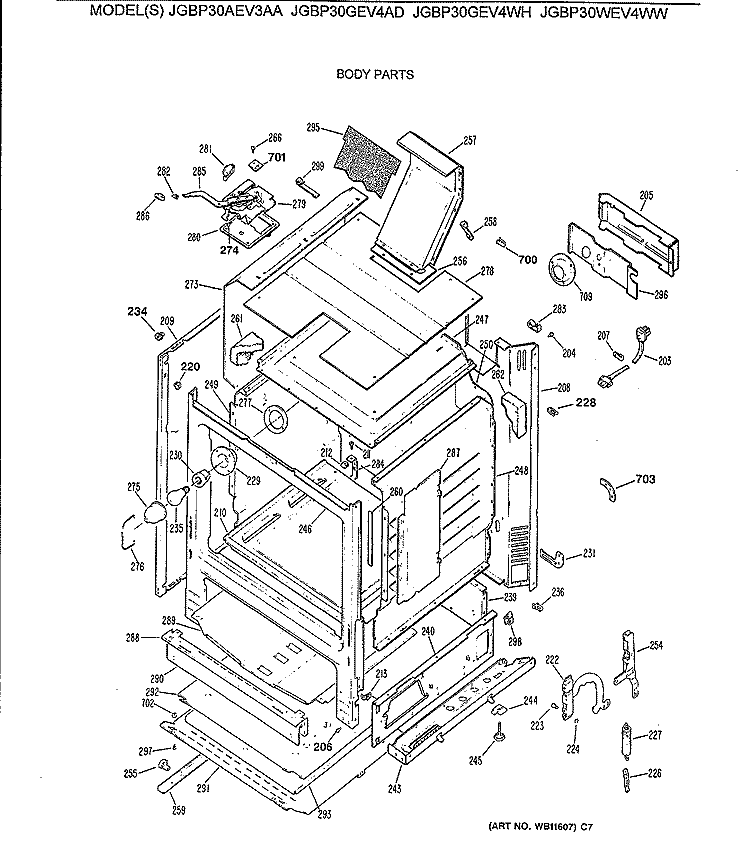 BODY PARTS Diagram and Parts List for JGBP30AEV3AA  General Electric Range