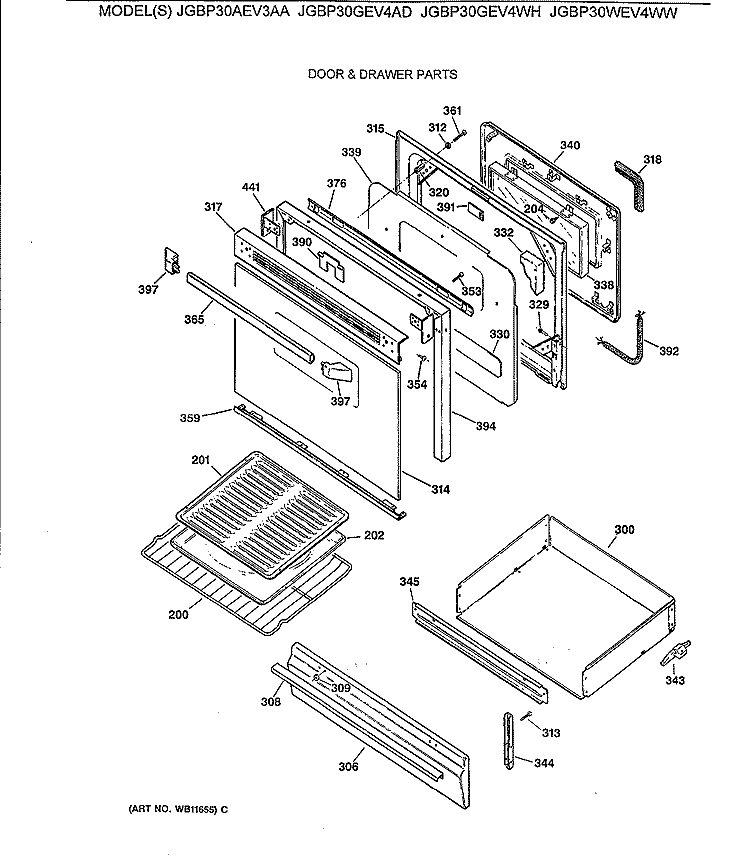 DOOR & DRAWER PARTS Diagram and Parts List for JGBP30AEV3AA  General Electric Range