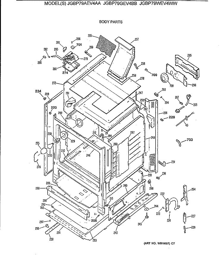 BODY PARTS Diagram and Parts List for JGBP79AEV4AA  General Electric Range