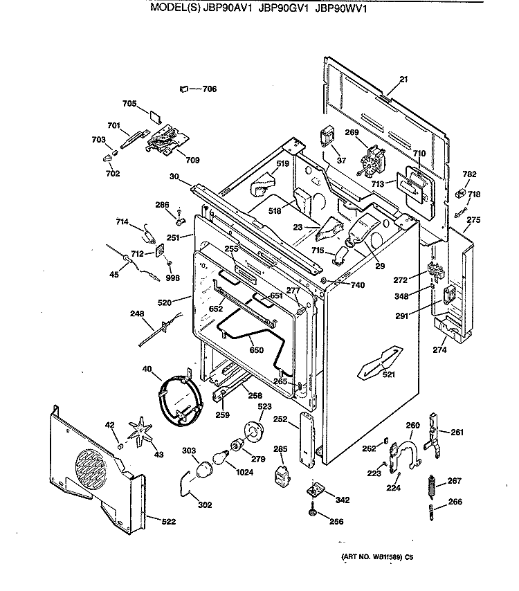 Section Diagram and Parts List for JBP90AV1  General Electric Range