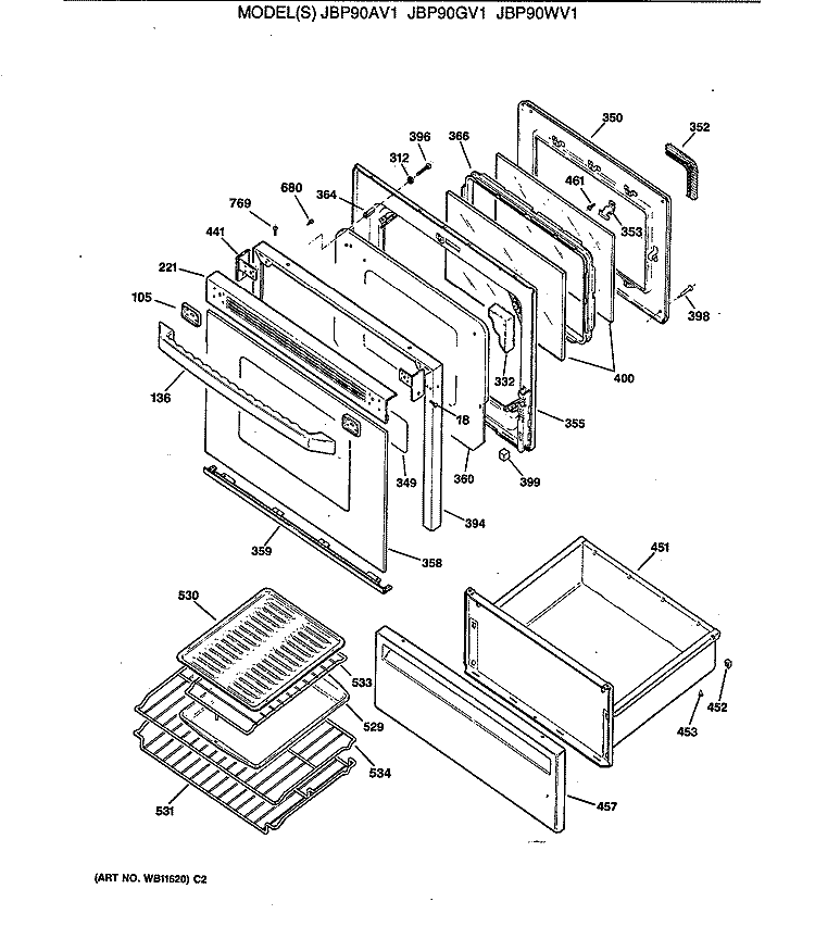 Section Diagram and Parts List for JBP90AV1  General Electric Range