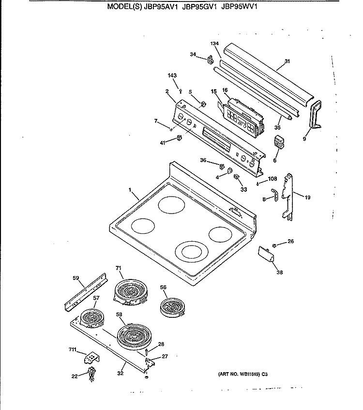 Section Diagram and Parts List for JBP95GV1  General Electric Range