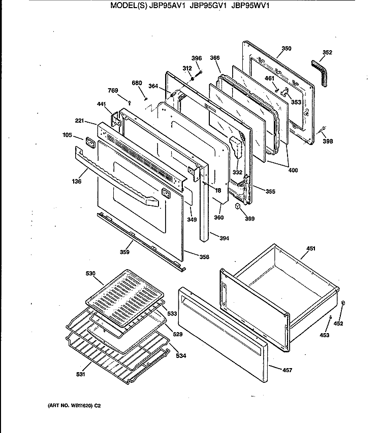 Section Diagram and Parts List for JBP95GV1  General Electric Range