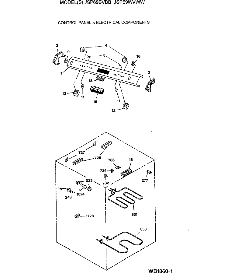 CONTROL PANEL & ELECTRICAL COMPONENTS Diagram and Parts List for JSP69BVBB  General Electric Range