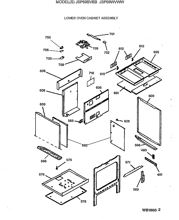 LOWER OVEN CABINET ASSEMBLY Diagram and Parts List for JSP69BVBB  General Electric Range