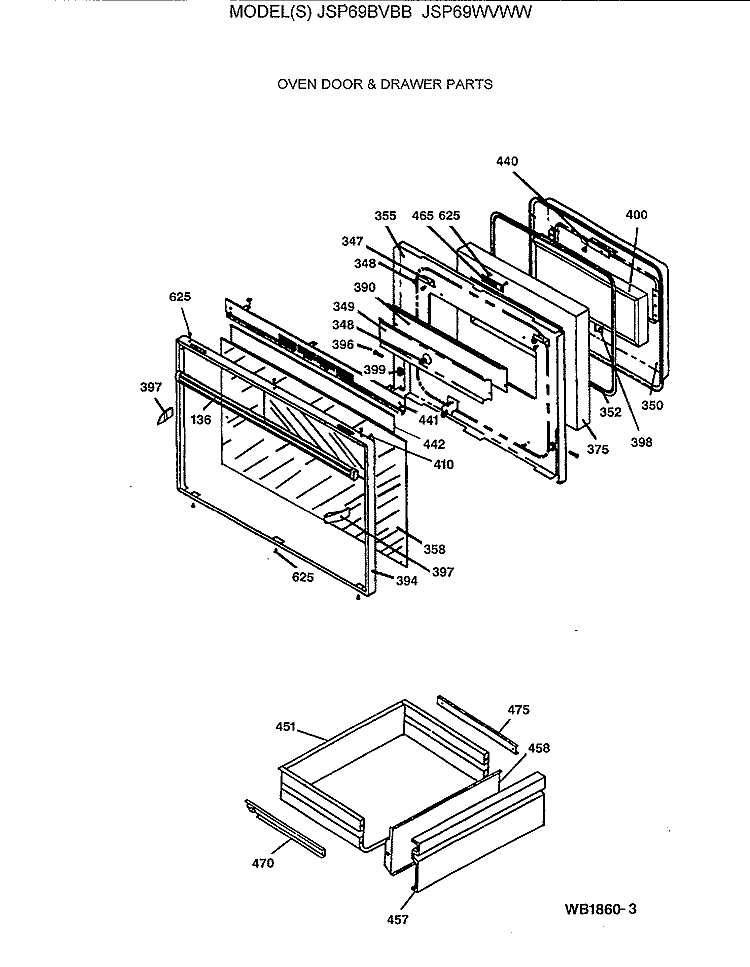 OVEN DOOR & DRAWER PARTS Diagram and Parts List for JSP69BVBB  General Electric Range