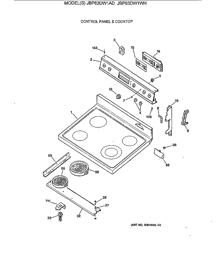 CONTROL PANEL & COOKTOP Diagram and Parts List for JBP63DW1AD  General Electric Range