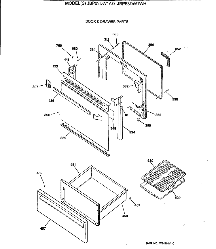 DOOR & DRAWER PARTS Diagram and Parts List for JBP63DW1AD  General Electric Range