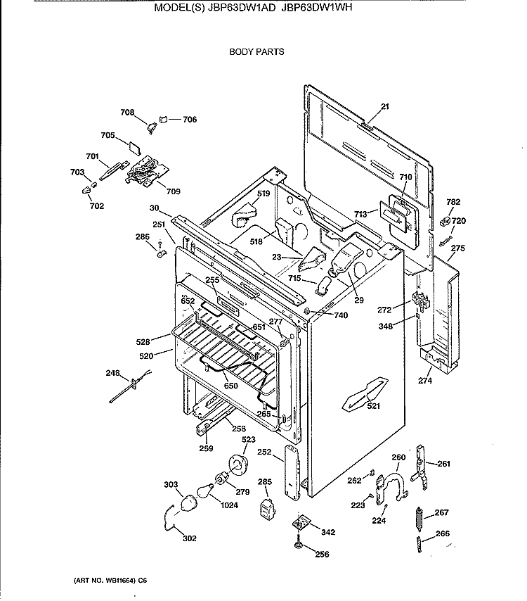 BODY PARTS Diagram and Parts List for JBP63DW1AD  General Electric Range