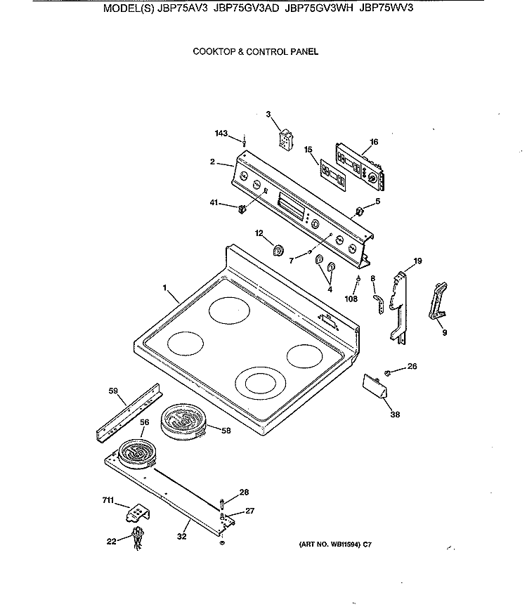 COOKTOP & CONTROL PANEL Diagram and Parts List for JBP75AV3  General Electric Range