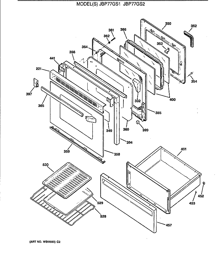 Section Diagram and Parts List for JBP77GS2  General Electric Range