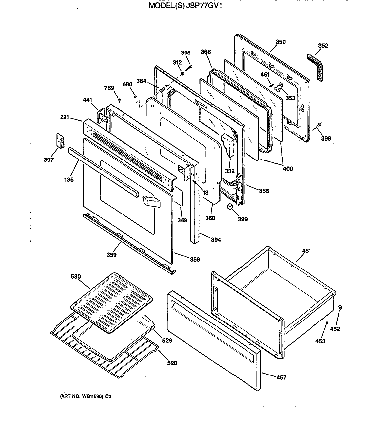 Section Diagram and Parts List for JBP77GV1  General Electric Range