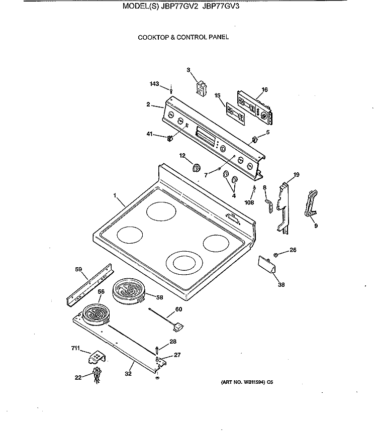 COOKTOP & CONTROL PANEL Diagram and Parts List for JBP77GV2  General Electric Range