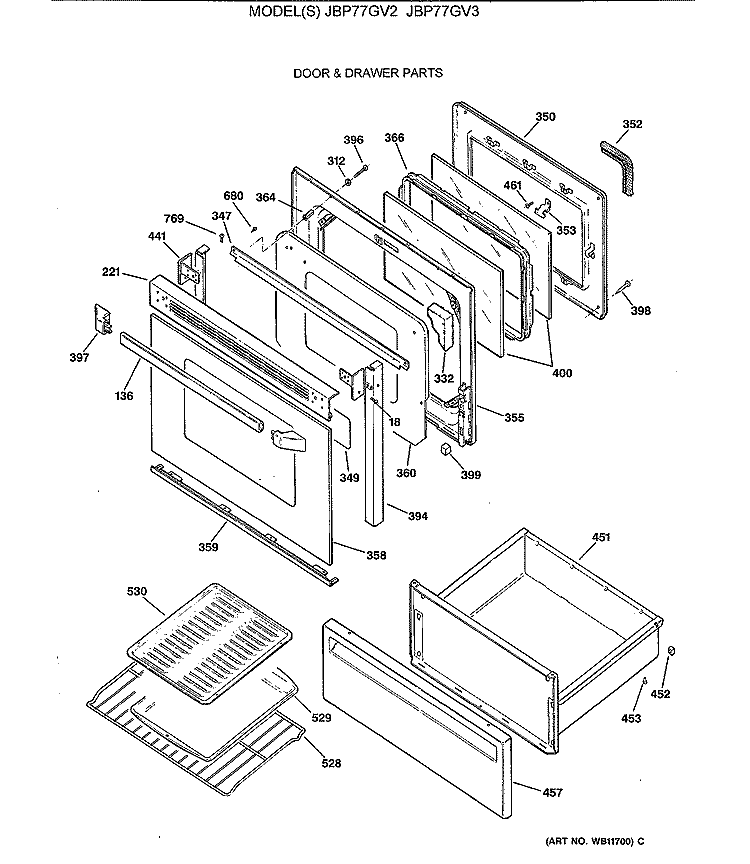 DOOR & DRAWER PARTS Diagram and Parts List for JBP77GV2  General Electric Range