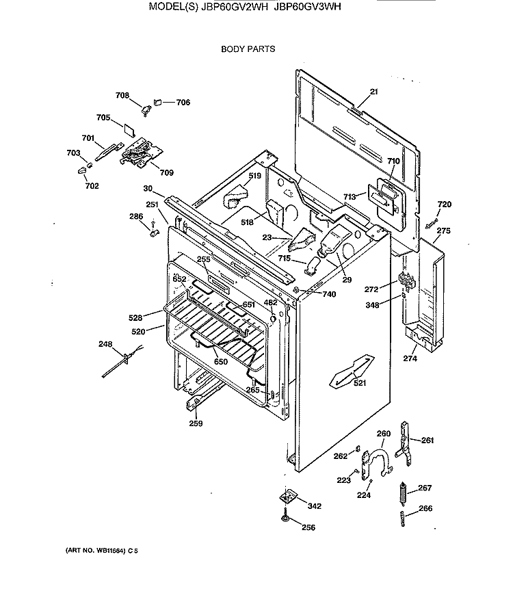 BODY PARTS Diagram and Parts List for JBP60GV2WH  General Electric Range
