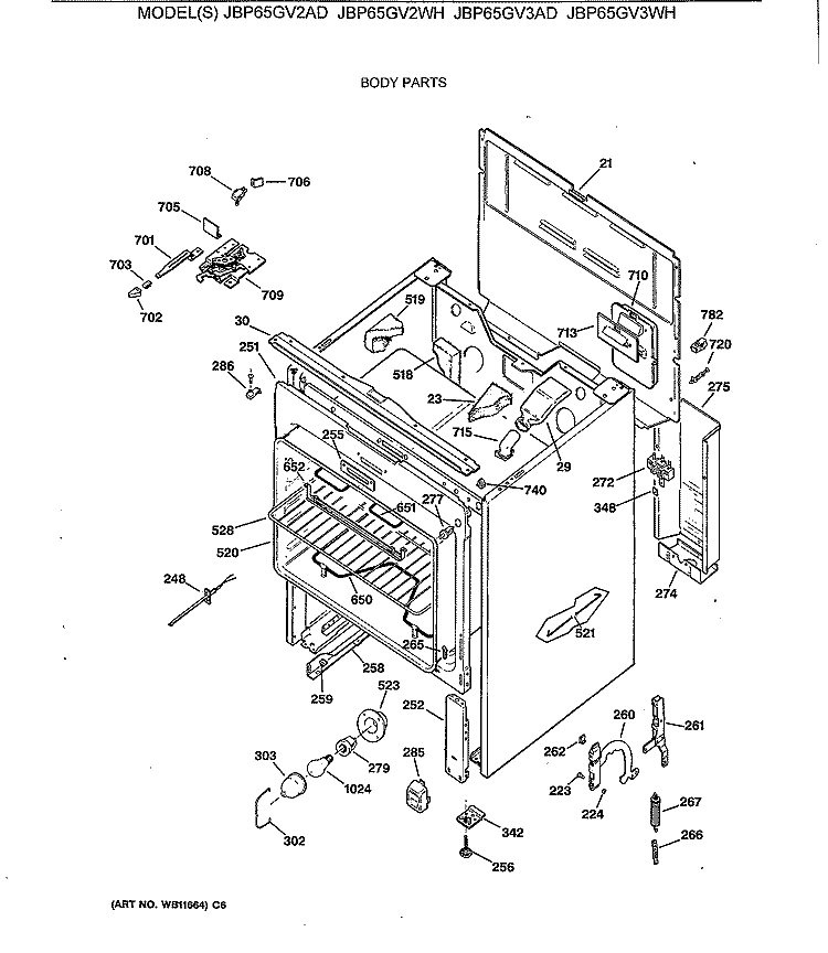 BODY PARTS Diagram and Parts List for JBP65GV2WH  General Electric Range