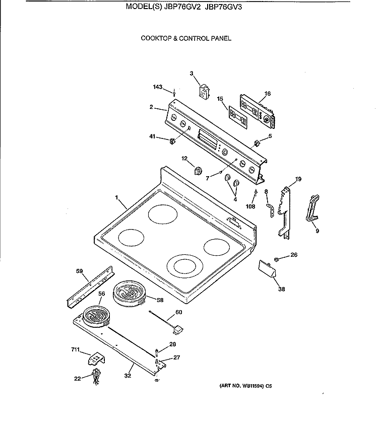 COOKTOP & CONTROL PANEL Diagram and Parts List for JBP76GV3  General Electric Range