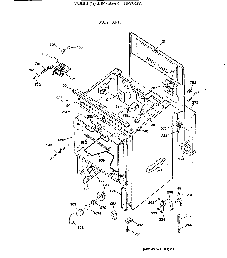 BODY PARTS Diagram and Parts List for JBP76GV3  General Electric Range