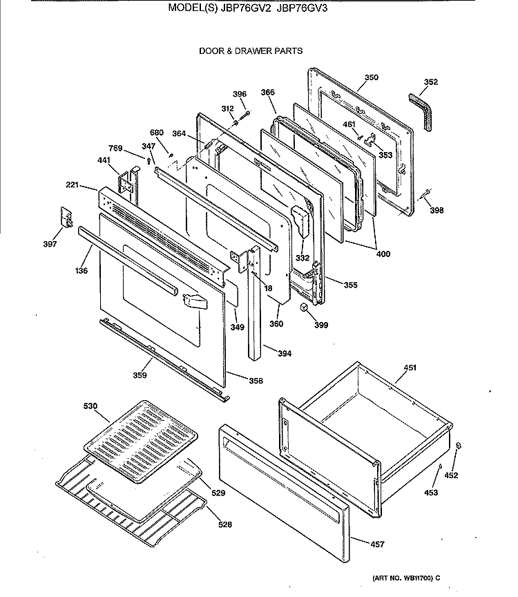 DOOR & DRAWER PARTS Diagram and Parts List for JBP76GV3  General Electric Range