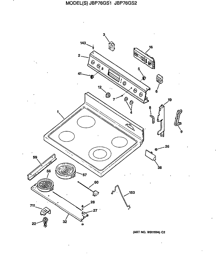 Section Diagram and Parts List for JBP76GS1  General Electric Range
