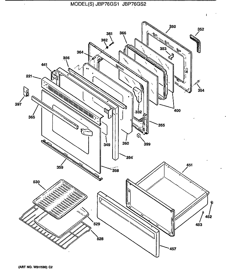 Section Diagram and Parts List for JBP76GS1  General Electric Range
