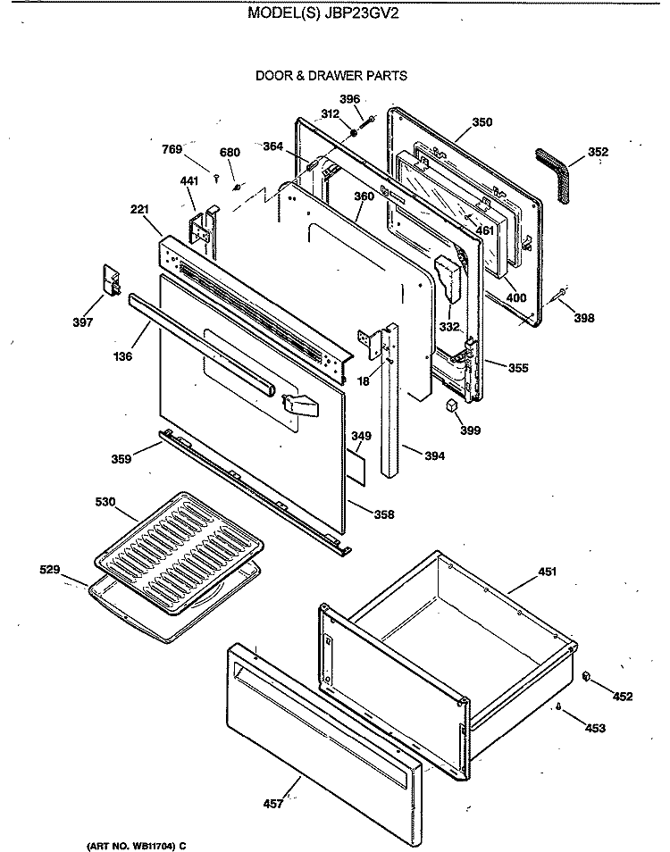 DOOR & DRAWER PARTS Diagram and Parts List for JBP23GV2  General Electric Range