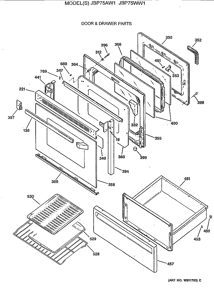 DOOR & DRAWER PARTS Diagram and Parts List for JBP75AW1  General Electric Range