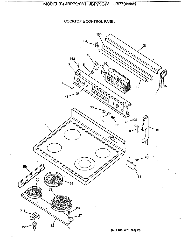 COOKTOP & CONTROL PANEL Diagram and Parts List for JBP79GW1  General Electric Range