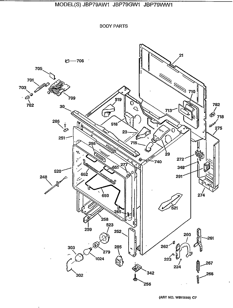 BODY PARTS Diagram and Parts List for JBP79GW1  General Electric Range