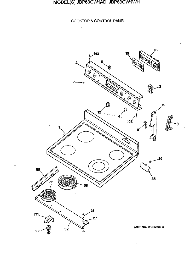 COOKTOP & CONTROL PANEL Diagram and Parts List for JBP63GW1AD  General Electric Range