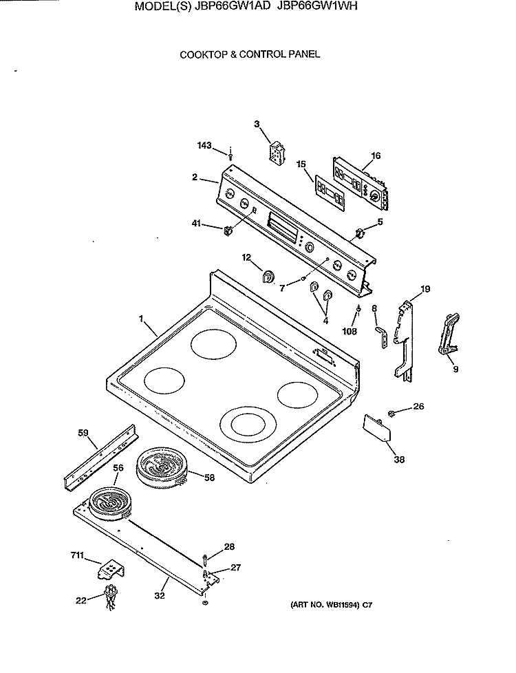 COOKTOP & CONTROL PANEL Diagram and Parts List for JBP66GW1WH  General Electric Range