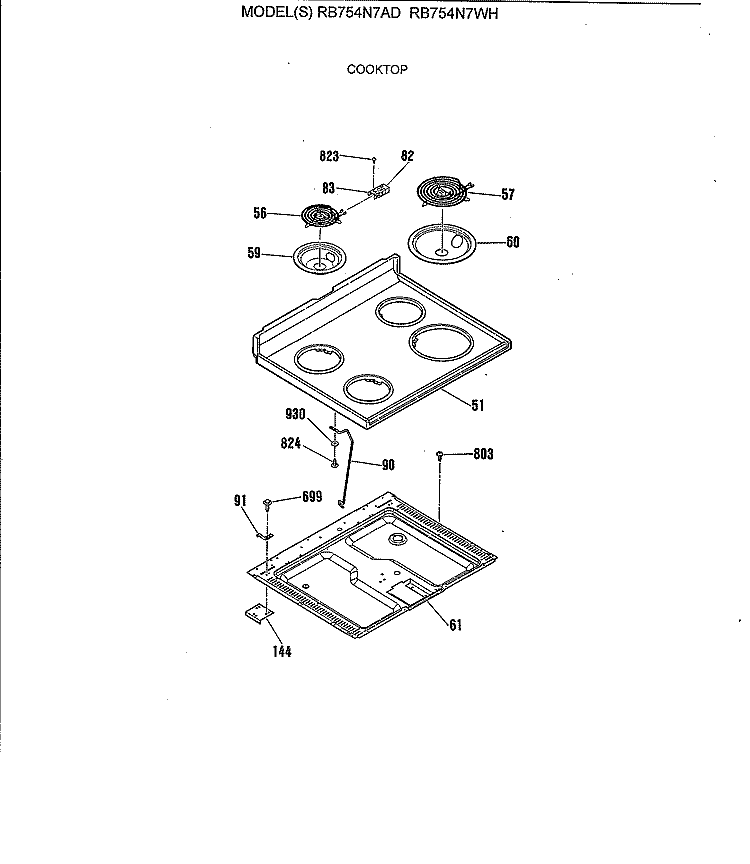 COOKTOP Diagram and Parts List for RB754N7AD  Hotpoint Range