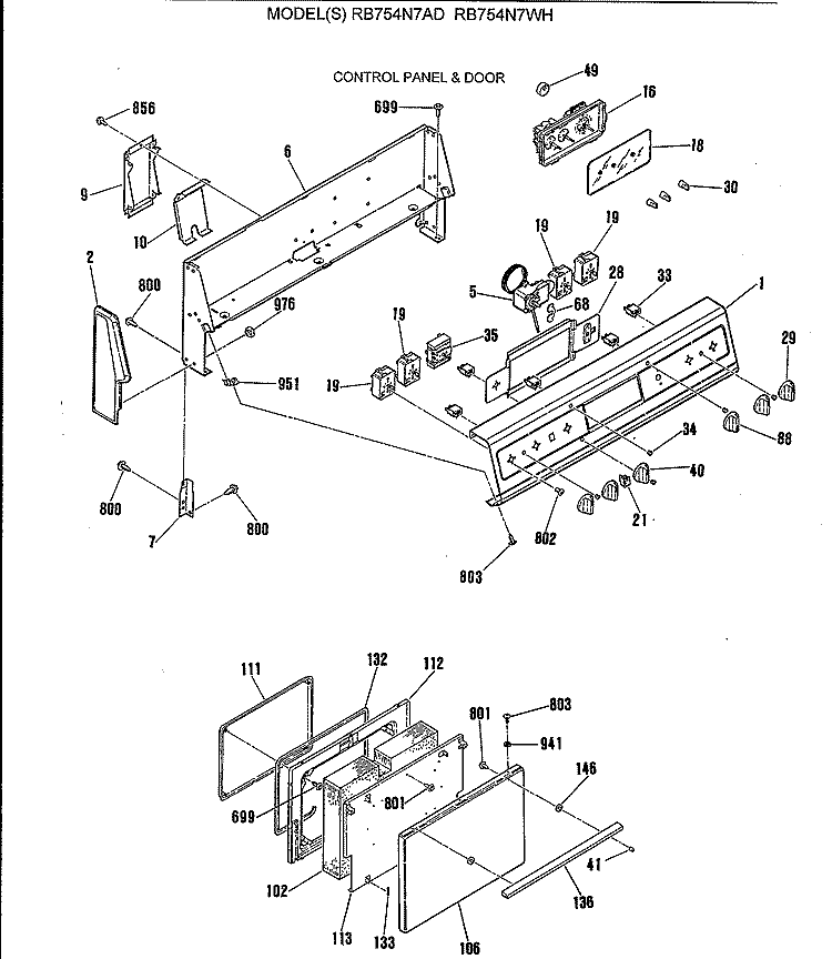 CONTROL PANEL & DOOR Diagram and Parts List for RB754N7AD  Hotpoint Range
