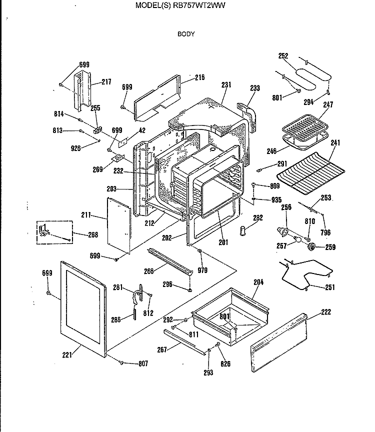 BODY Diagram and Parts List for RB757WT2WW  Hotpoint Range