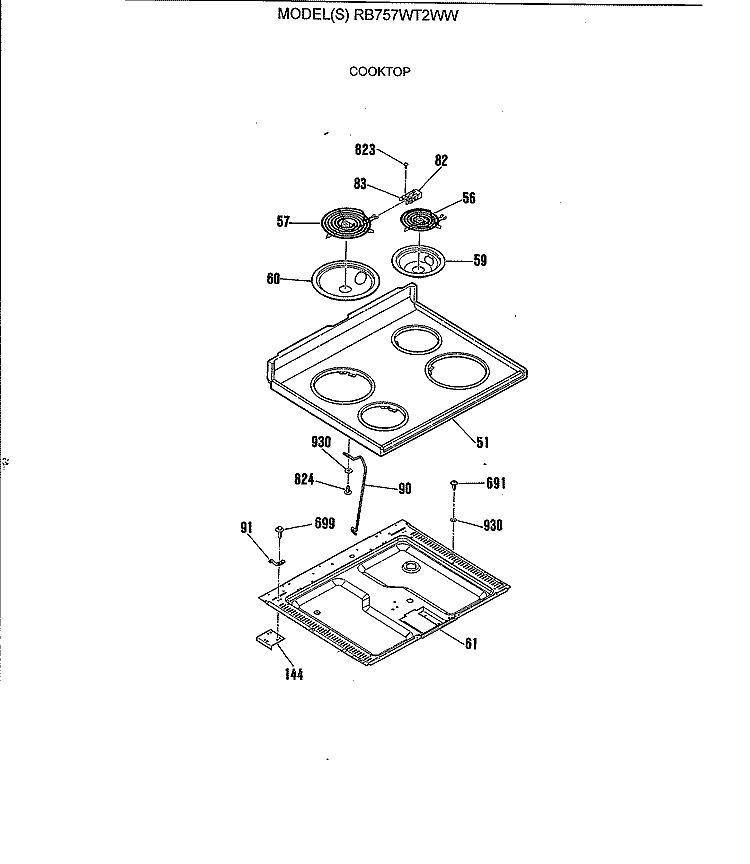 COOKTOP Diagram and Parts List for RB757WT2WW  Hotpoint Range