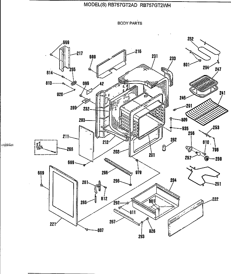 BODY PARTS Diagram and Parts List for RB757GT2WH  Hotpoint Range