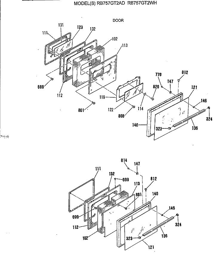 DOOR Diagram and Parts List for RB757GT2WH  Hotpoint Range