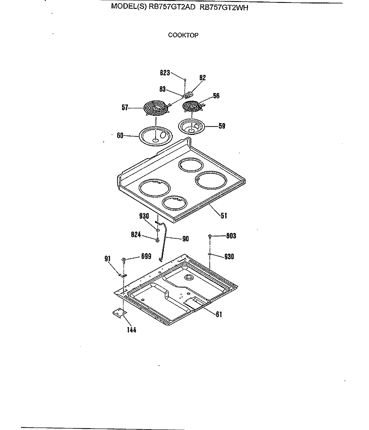 COOKTOP Diagram and Parts List for RB757GT2WH  Hotpoint Range
