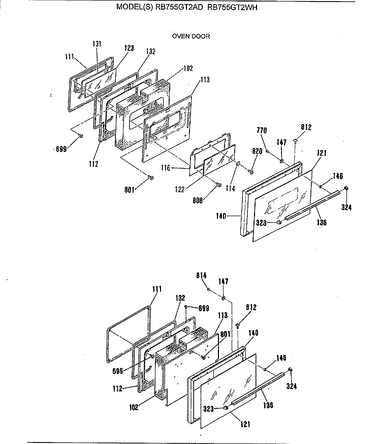 OVEN DOOR Diagram and Parts List for RB755GT2AD  Hotpoint Range
