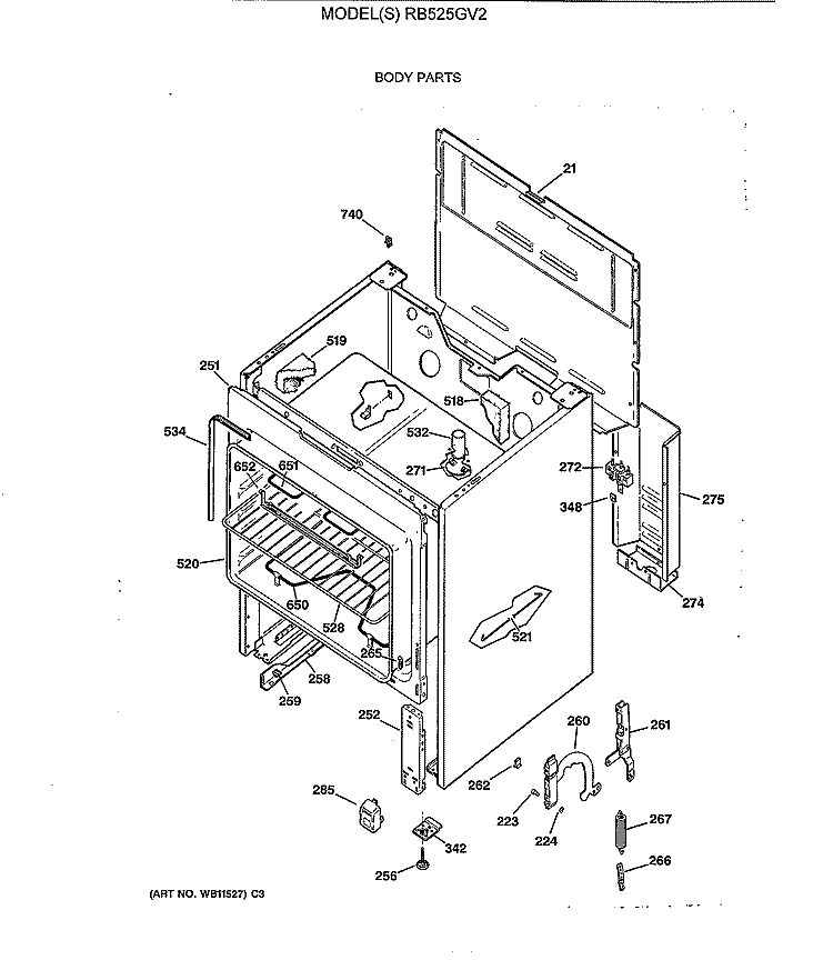 BODY PARTS Diagram and Parts List for RB525GV2  Hotpoint Range
