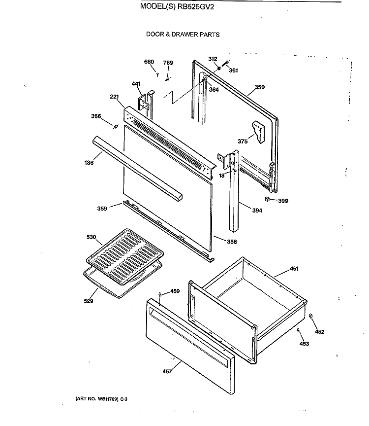 DOOR & DRAWER PARTS Diagram and Parts List for RB525GV2  Hotpoint Range