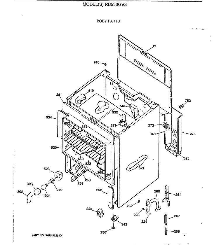 BODY PARTS Diagram and Parts List for RB533GV3  Hotpoint Range