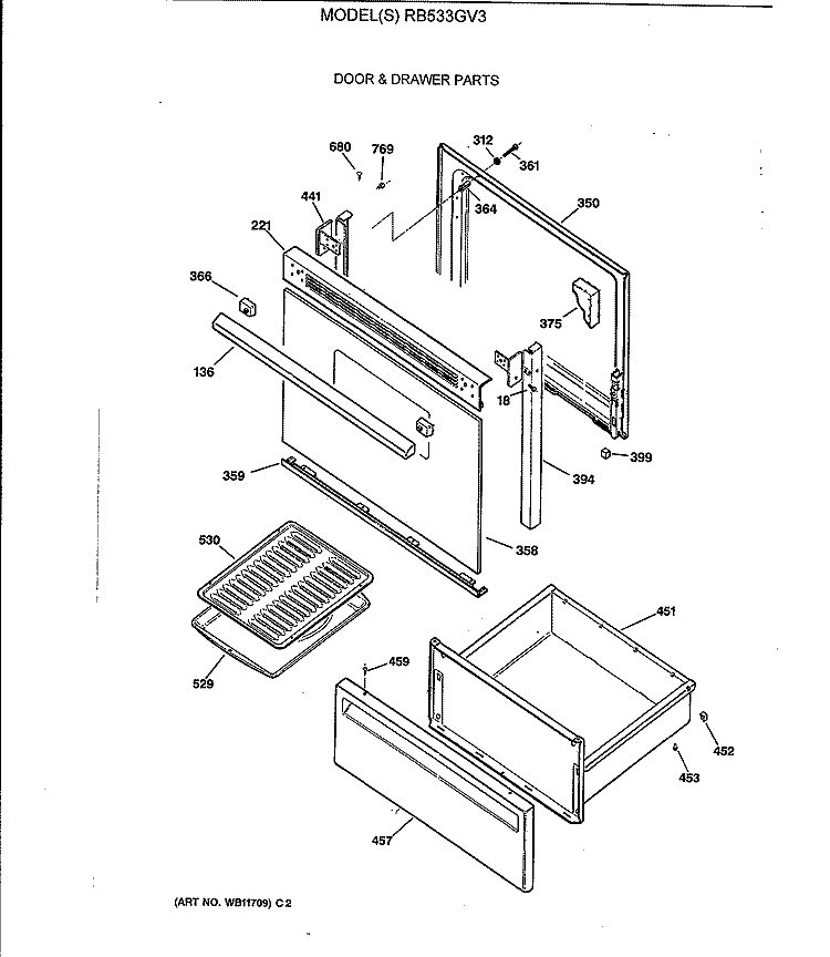 DOOR & DRAWER PARTS Diagram and Parts List for RB533GV3  Hotpoint Range