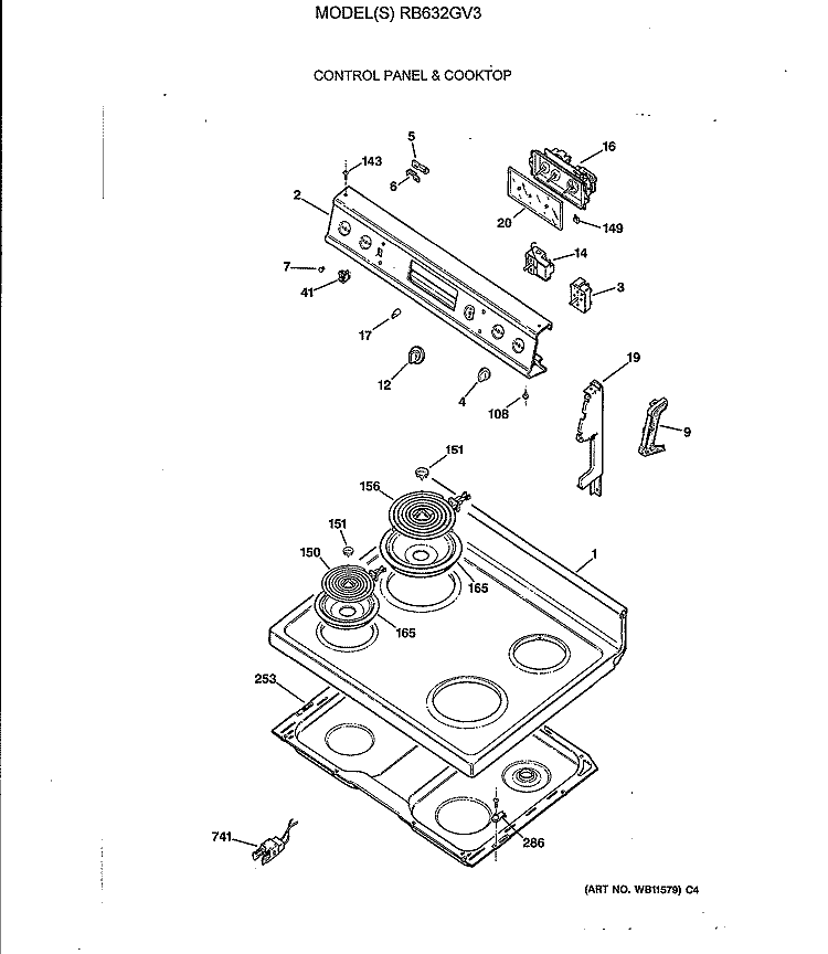 CONTROL PANEL & COOKTOP Diagram and Parts List for RB632GV3  Hotpoint Range