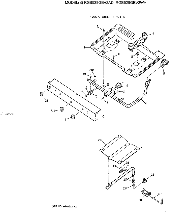GAS & BURNER PARTS Diagram and Parts List for RGB528GEV2AD  Hotpoint Range