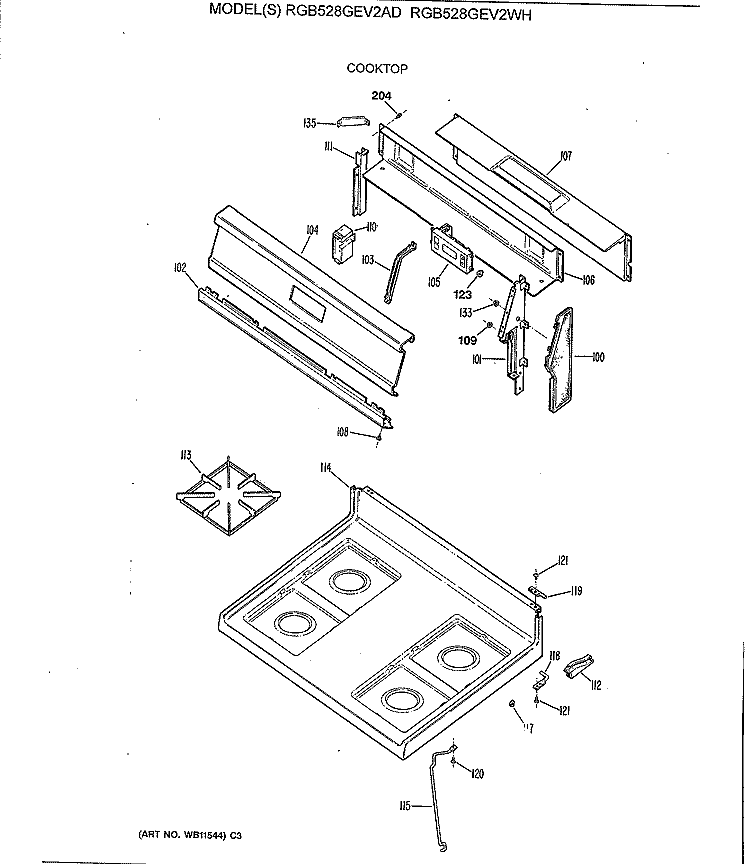 COOKTOP Diagram and Parts List for RGB528GEV2AD  Hotpoint Range